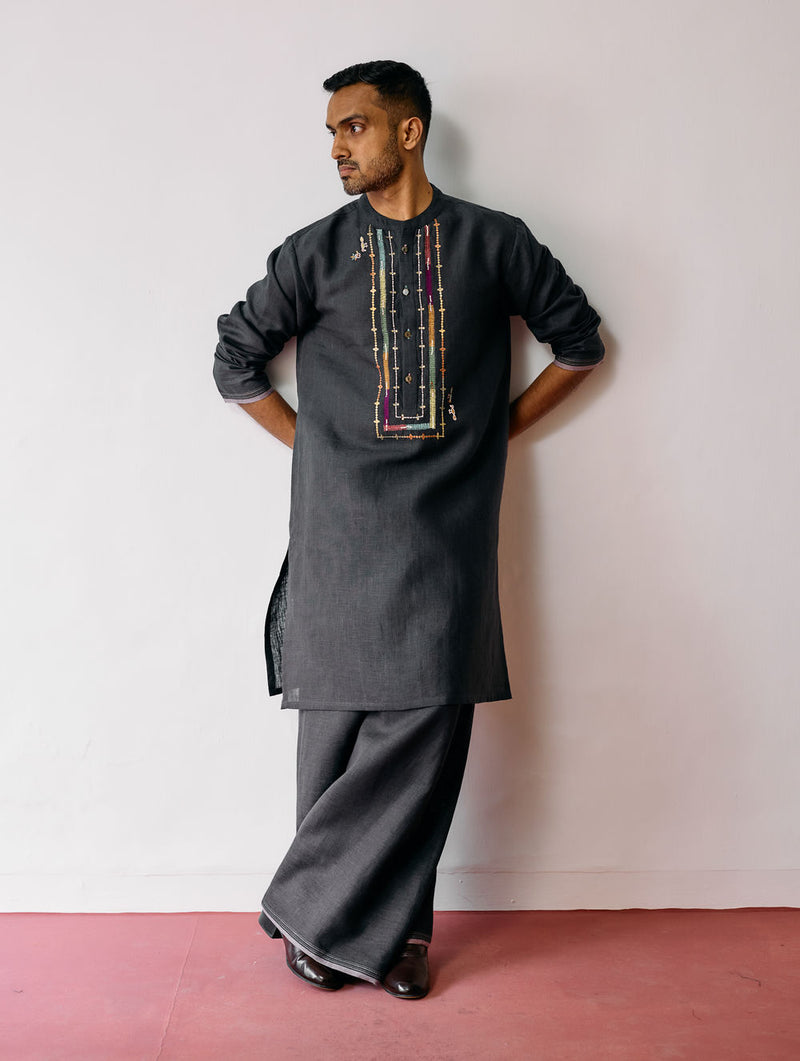 Keta Hand-Embroidered Linen Kurta-Charcoal linen kurta/kurta set by Manan Men in charcoal for men Worldwide