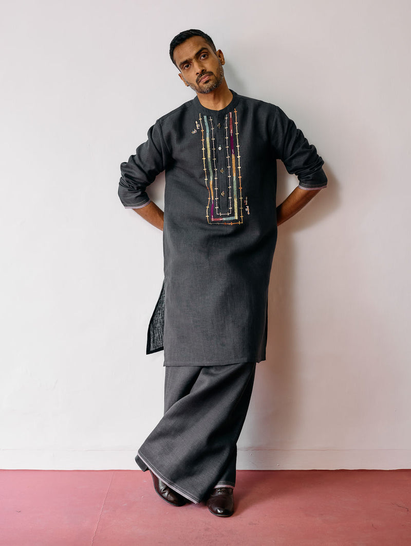 Keta Hand-Embroidered Linen Kurta-Charcoal linen kurta/kurta set by Manan Men in charcoal for men Worldwide