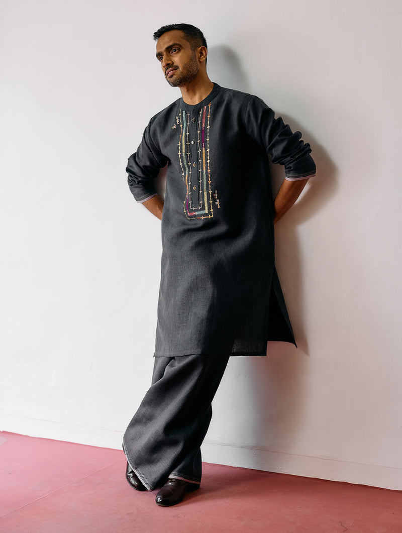 Keta Hand-Embroidered Linen Kurta Set-Charcoal linen kurta/kurta set by Manan Men in charcoal for men Worldwide