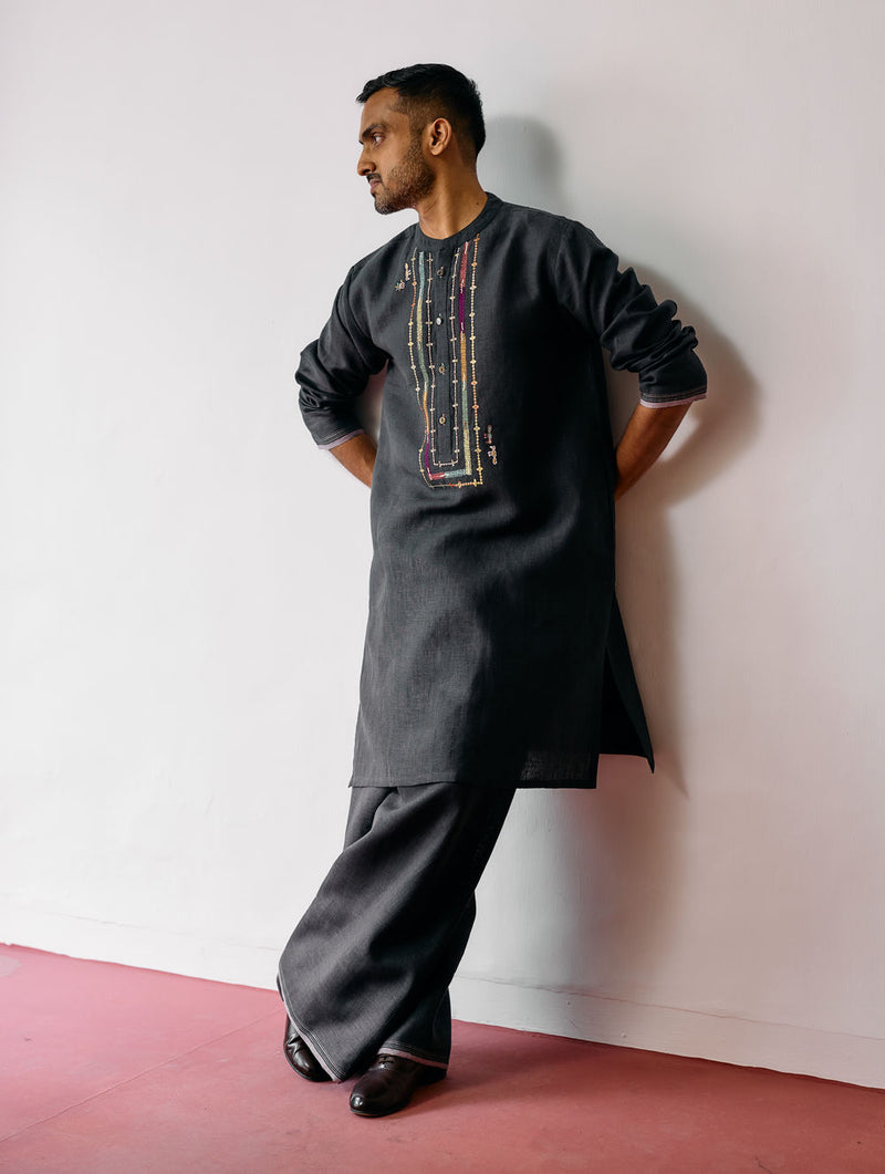 Keta Hand-Embroidered Linen Kurta-Charcoal linen kurta/kurta set by Manan Men in charcoal for men Worldwide