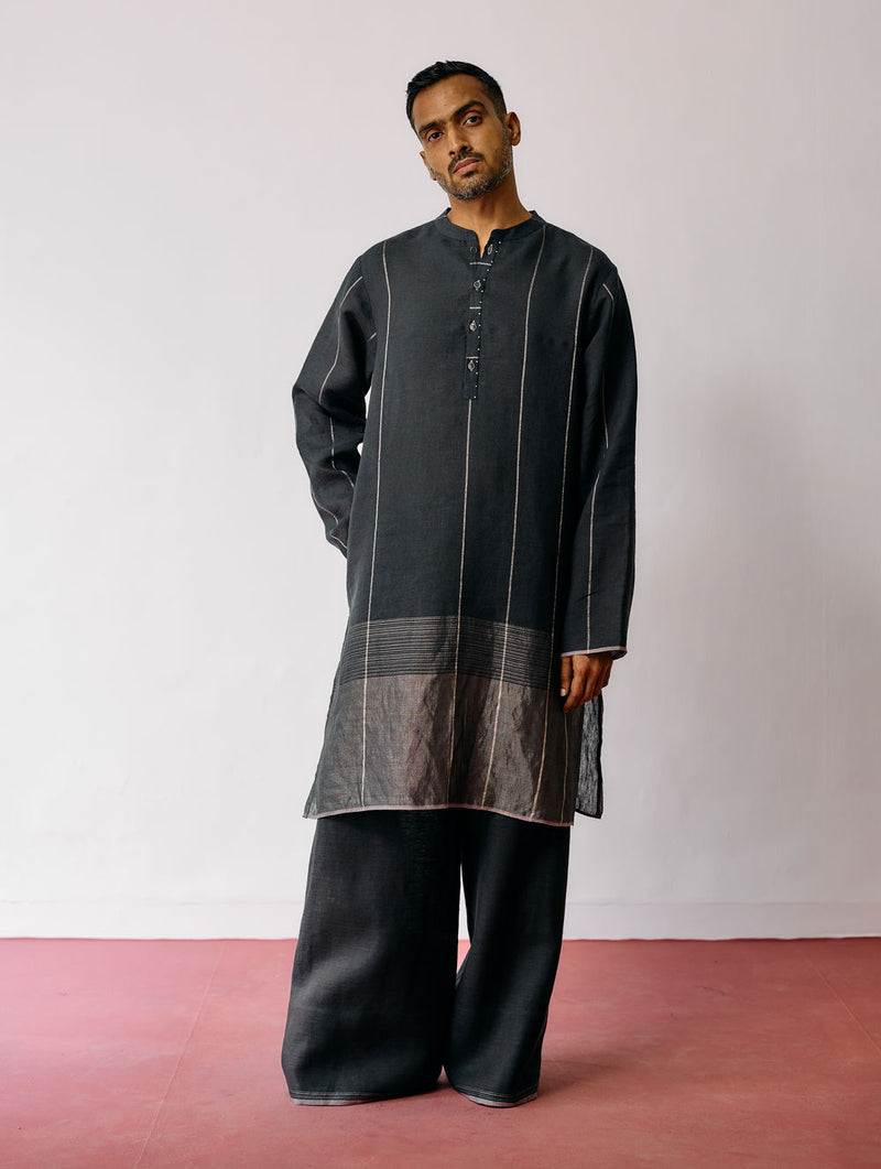 Jawahar Metallic Linen Kurta-Charcoal linen kurta/kurta set by Manan Men in charcoal for men Worldwide