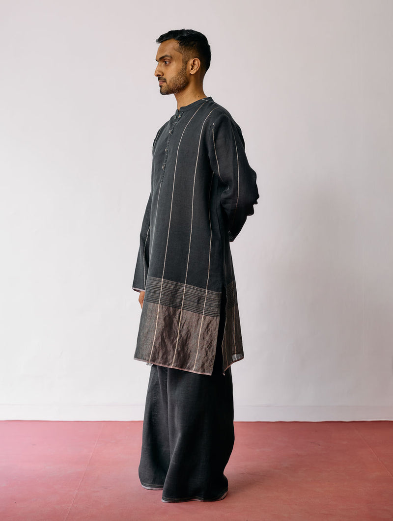 Jawahar Metallic Linen Kurta-Charcoal linen kurta/kurta set by Manan Men in charcoal for men Worldwide