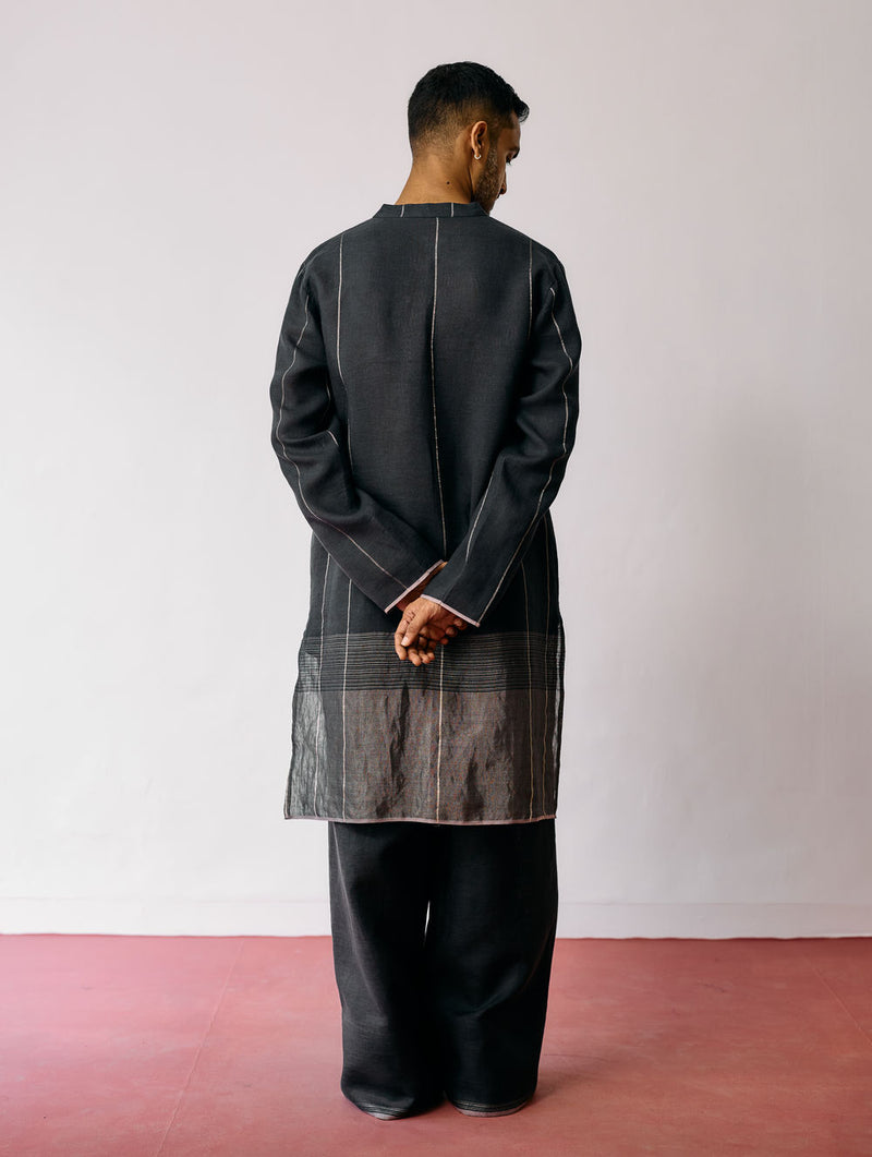 Jawahar Metallic Linen Kurta-Charcoal linen kurta/kurta set by Manan Men in charcoal for men Worldwide