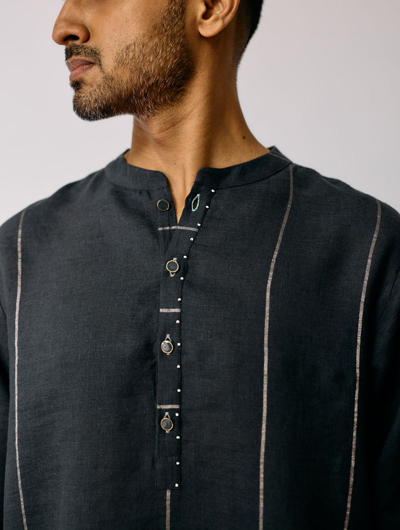 Jawahar Metallic Linen Kurta Set-Charcoal linen kurta/kurta set by Manan Men in charcoal for men Worldwide