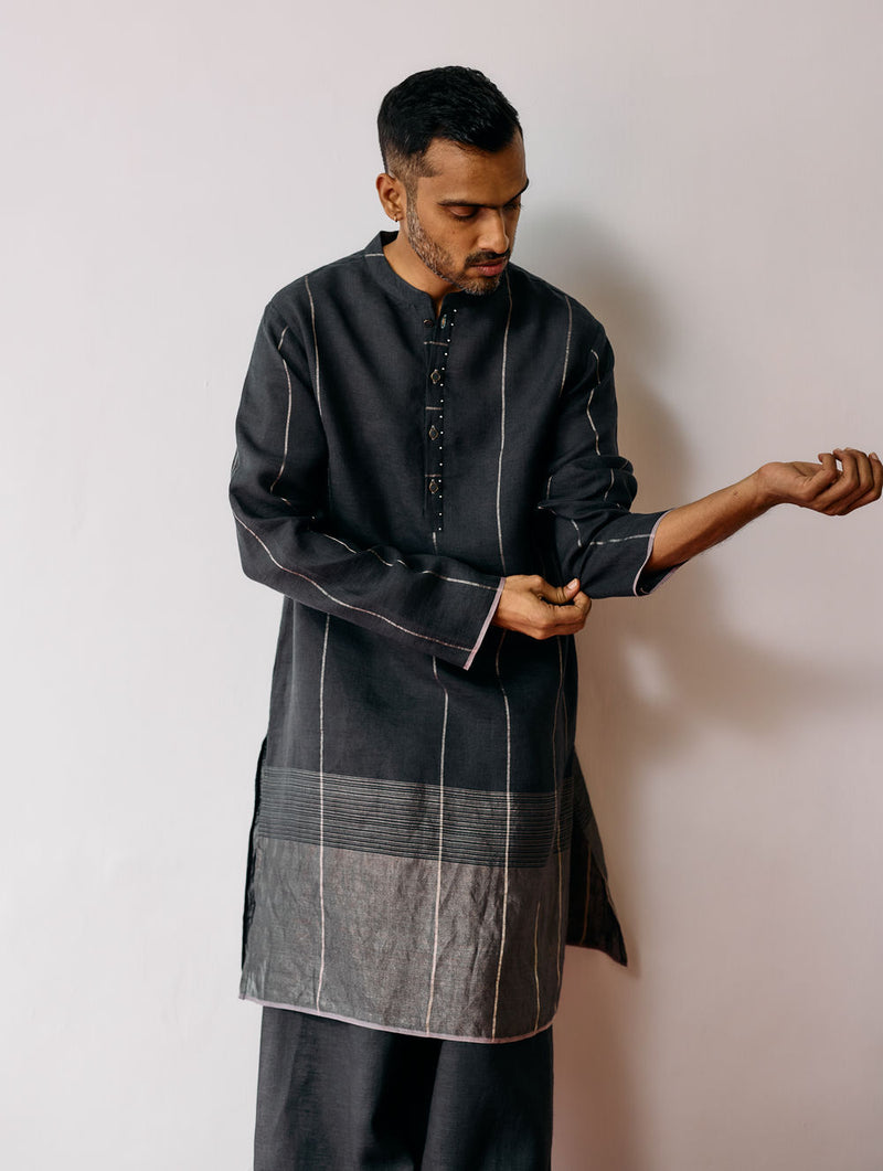 Jawahar Metallic Linen Kurta Set-Charcoal linen kurta/kurta set by Manan Men in charcoal for men Worldwide
