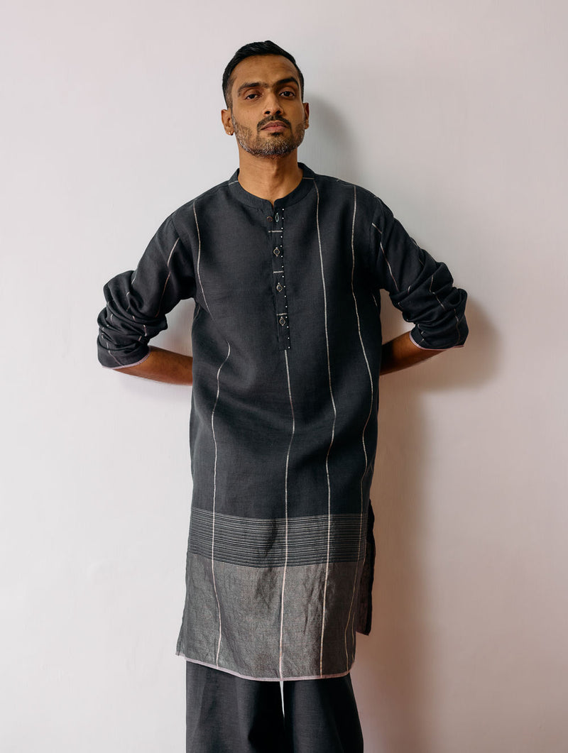Jawahar Metallic Linen Kurta Set-Charcoal linen kurta/kurta set by Manan Men in charcoal for men Worldwide