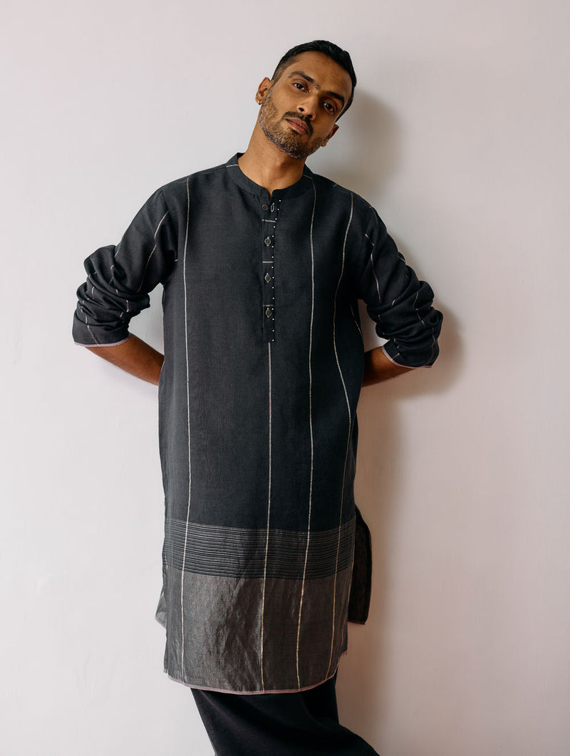 Jawahar Metallic Linen Kurta Set-Charcoal linen kurta/kurta set by Manan Men in charcoal for men Worldwide