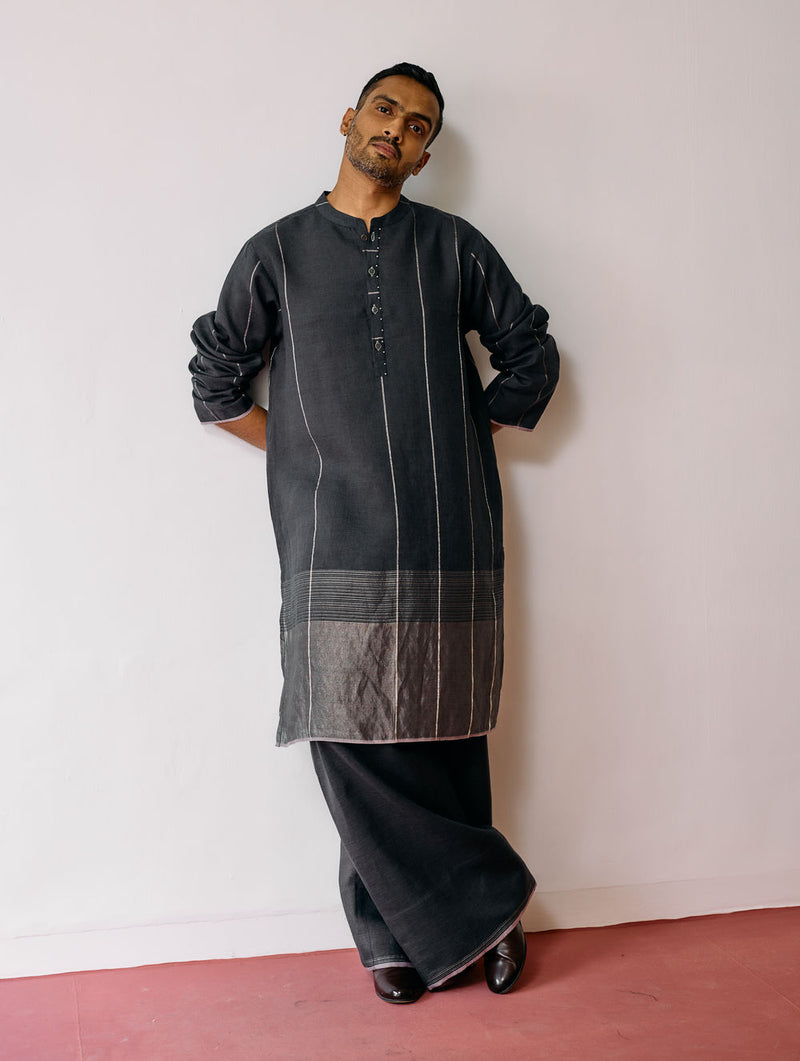 Jawahar Metallic Linen Kurta-Charcoal linen kurta/kurta set by Manan Men in charcoal for men Worldwide