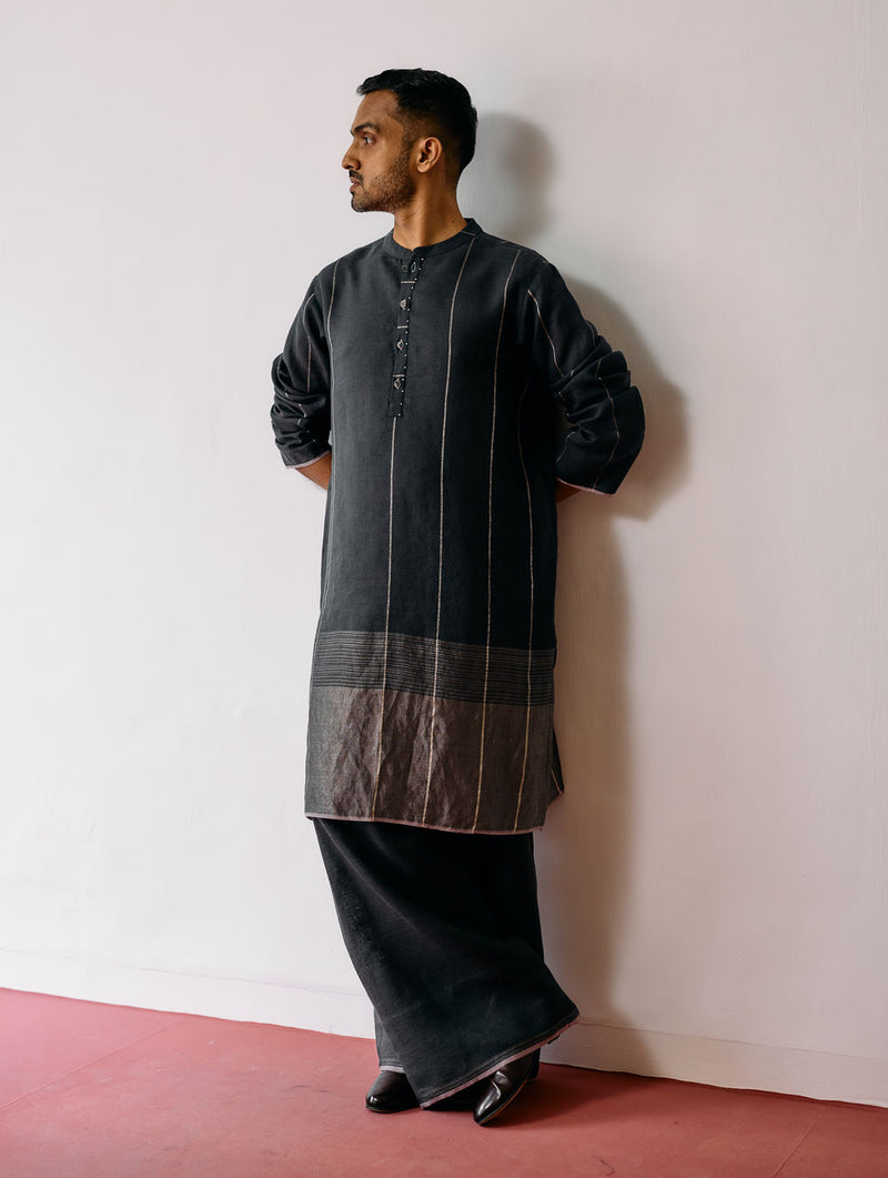 Jawahar Metallic Linen Kurta Set-Charcoal linen kurta/kurta set by Manan Men in charcoal for men Worldwide