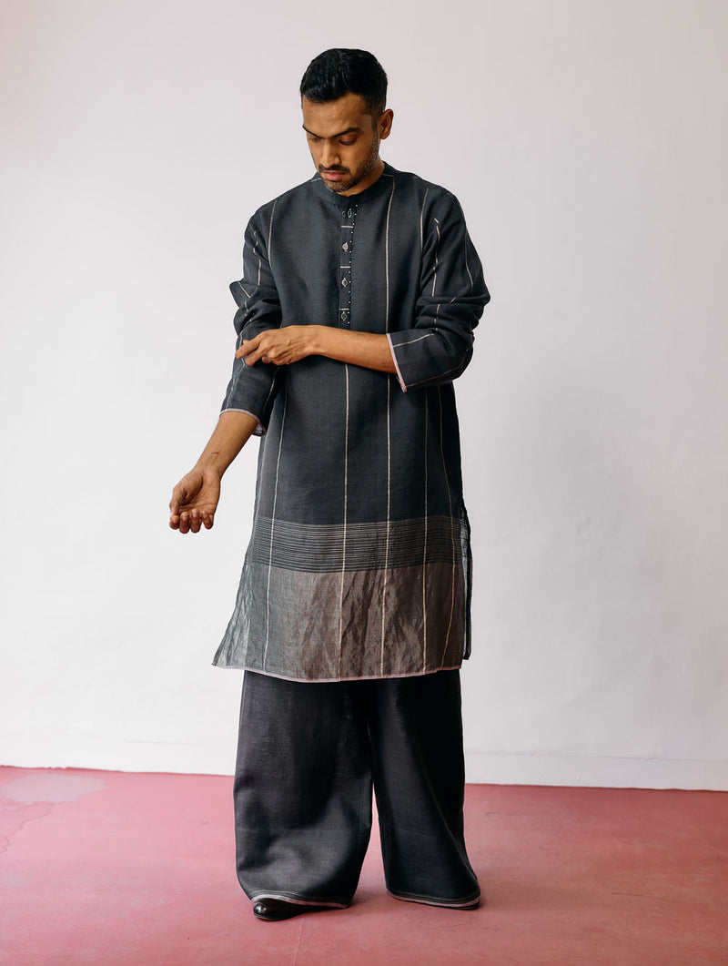 Jawahar Metallic Linen Kurta Set-Charcoal linen kurta/kurta set by Manan Men in charcoal for men Worldwide