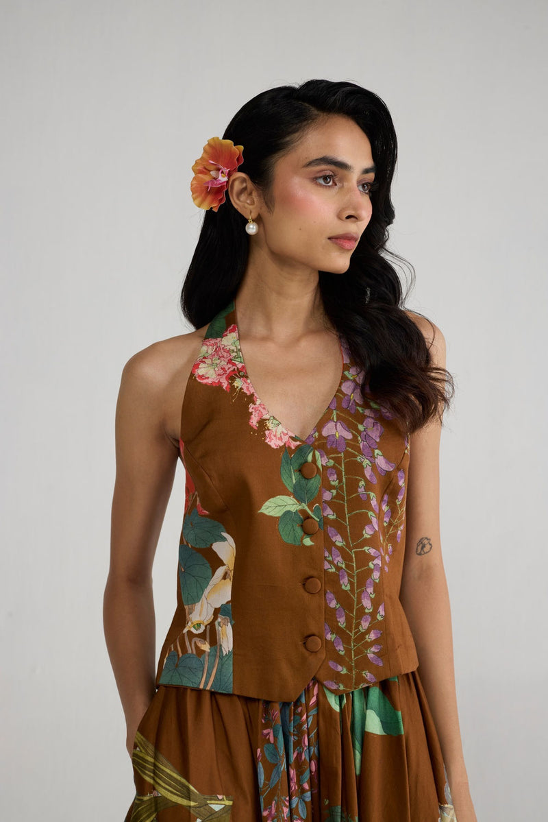 Emi Halterneck Waistcoat & Skirt Set co-ord set by YAM-ORIENTAL GARDEN SEP'26 for women Worldwide