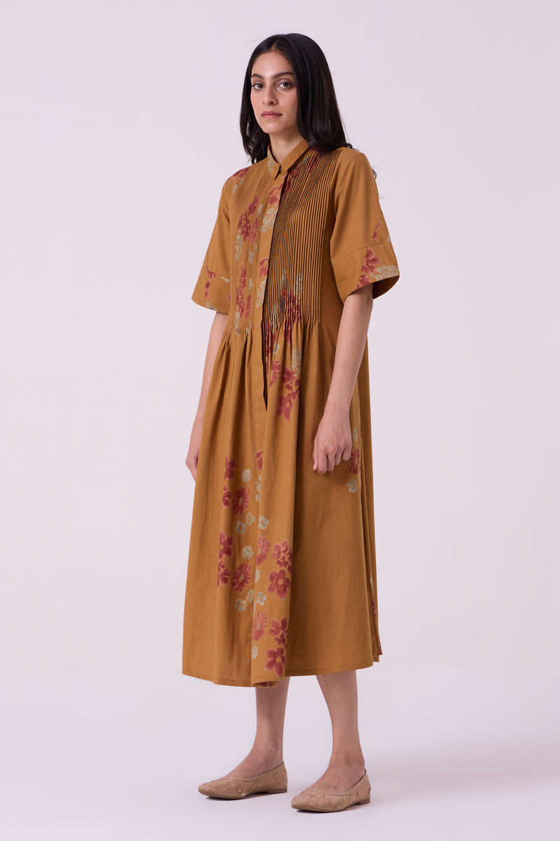Minerva Floral Hand Printed Midi Dress hand block printed handwoven khadi x cotton dress by The Summer House in brown for women Worldwide