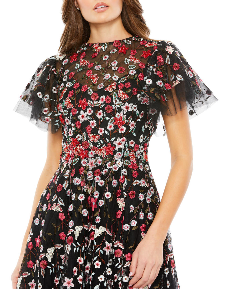 20323-Embellished Butterfly Tea Length A Line Dress mul by Mac Duggal in black color for women Worldwide