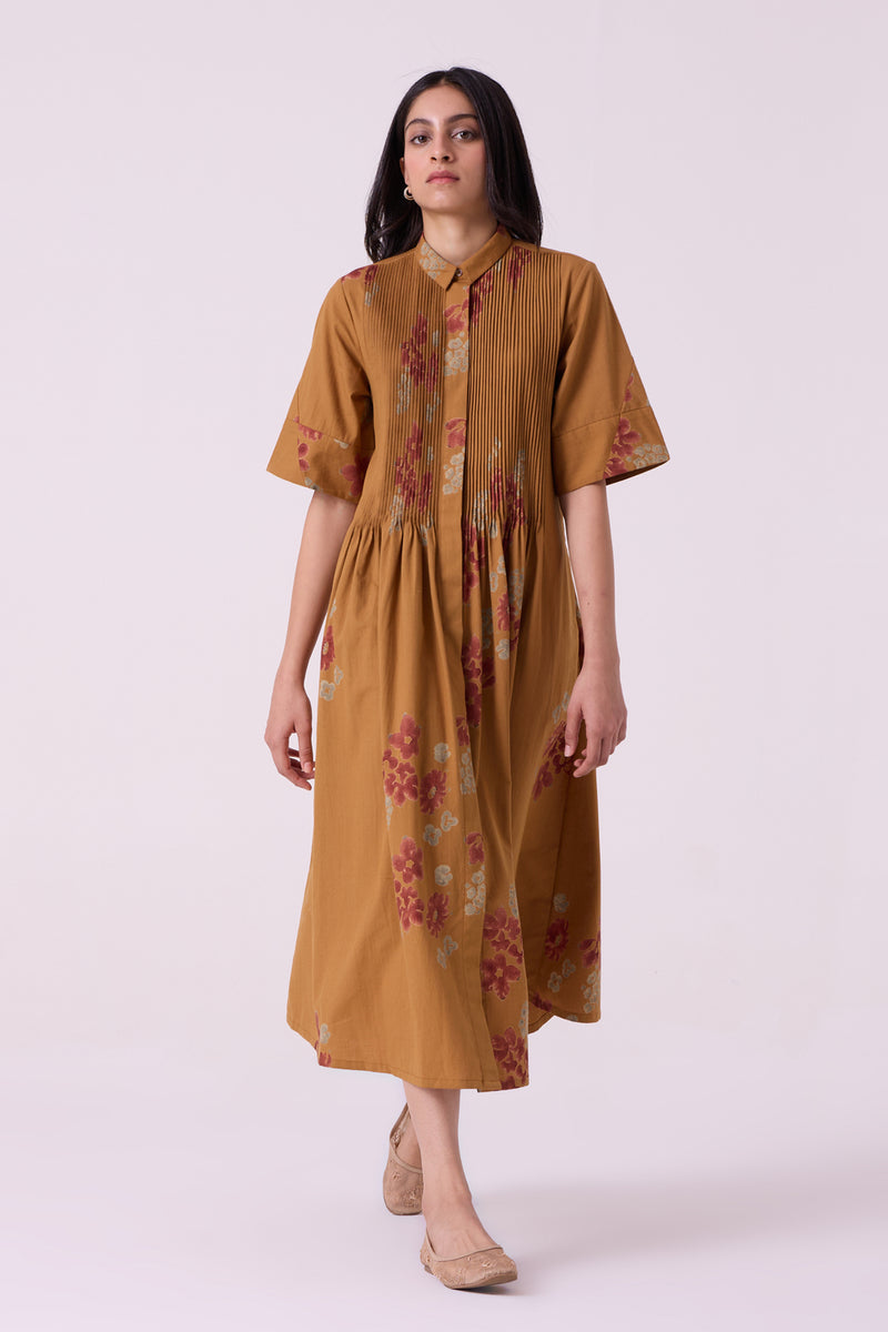 Minerva Floral Hand Printed Midi Dress hand block printed handwoven khadi x cotton dress by The Summer House in brown for women Worldwide