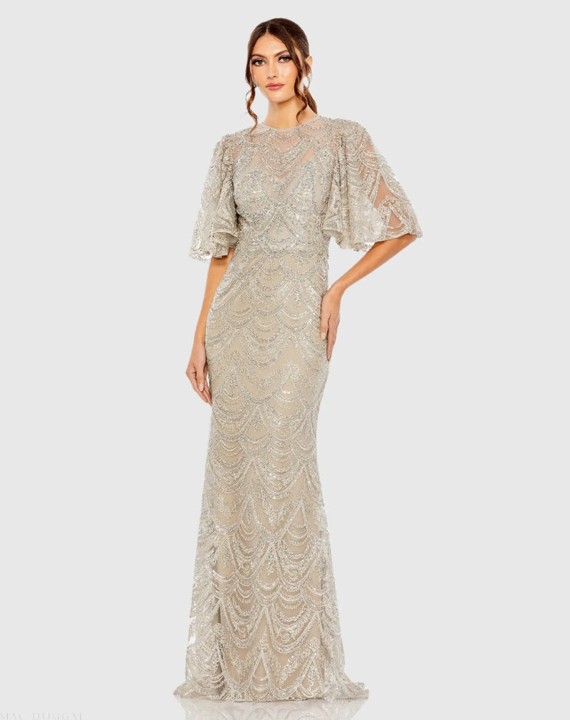 20481-Beige and Silver Flutter Sleeve High Neck Gown polyester evening gowns by Mac Duggal in beige for women Worldwide