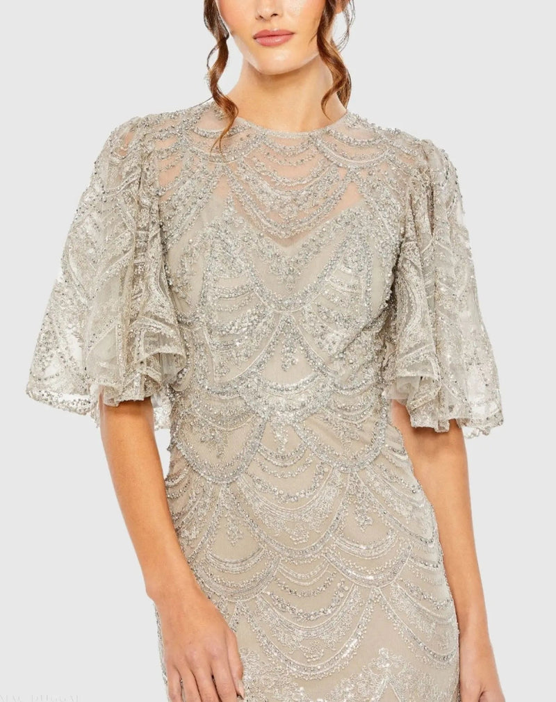 20481-Beige and Silver Flutter Sleeve High Neck Gown polyester evening gowns by Mac Duggal in beige for women Worldwide