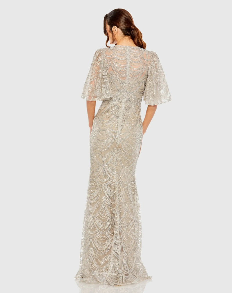 20481-Beige and Silver Flutter Sleeve High Neck Gown polyester evening gowns by Mac Duggal in beige for women Worldwide