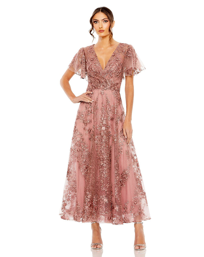 20486-Pink Embroidered Flutter Sleeve A-Line Dress by Mac Duggal in mauve color for women Worldwide