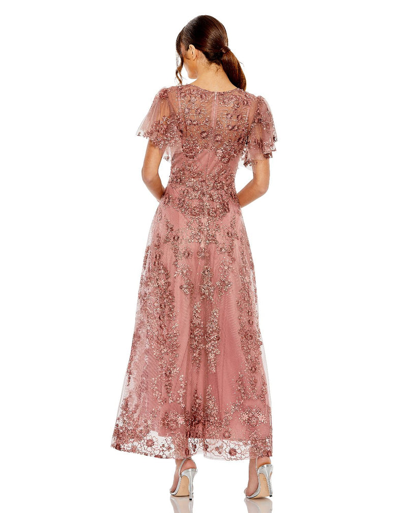 20486-Pink Embroidered Flutter Sleeve A-Line Dress by Mac Duggal in mauve color for women Worldwide