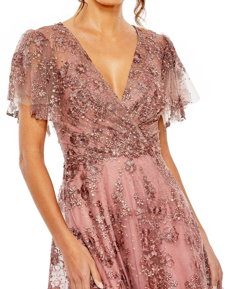 20486-Pink Embroidered Flutter Sleeve A-Line Dress by Mac Duggal in mauve color for women Worldwide