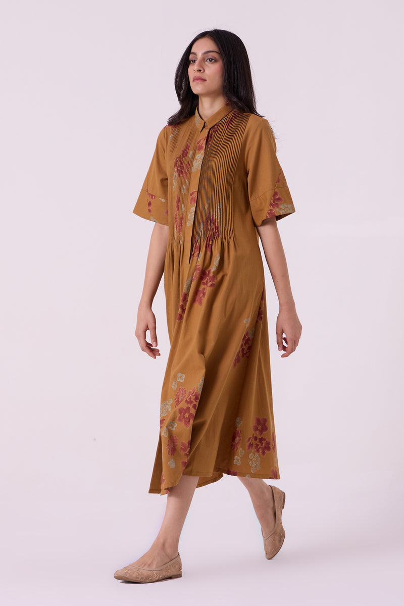 Minerva Floral Hand Printed Midi Dress hand block printed handwoven khadi x cotton dress by The Summer House in brown for women Worldwide