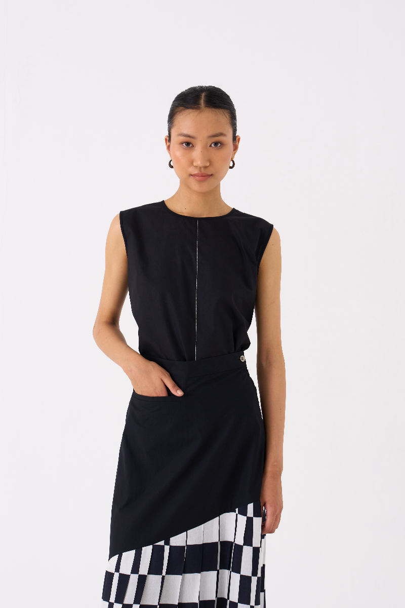 CHECKERED SKIRT CO-ORD 
(SET OF 2)-
BLACK poplin by THREE in black color for women Worldwide