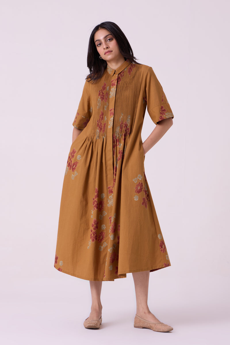 Minerva Floral Hand Printed Midi Dress hand block printed handwoven khadi x cotton dress by The Summer House in brown for women Worldwide