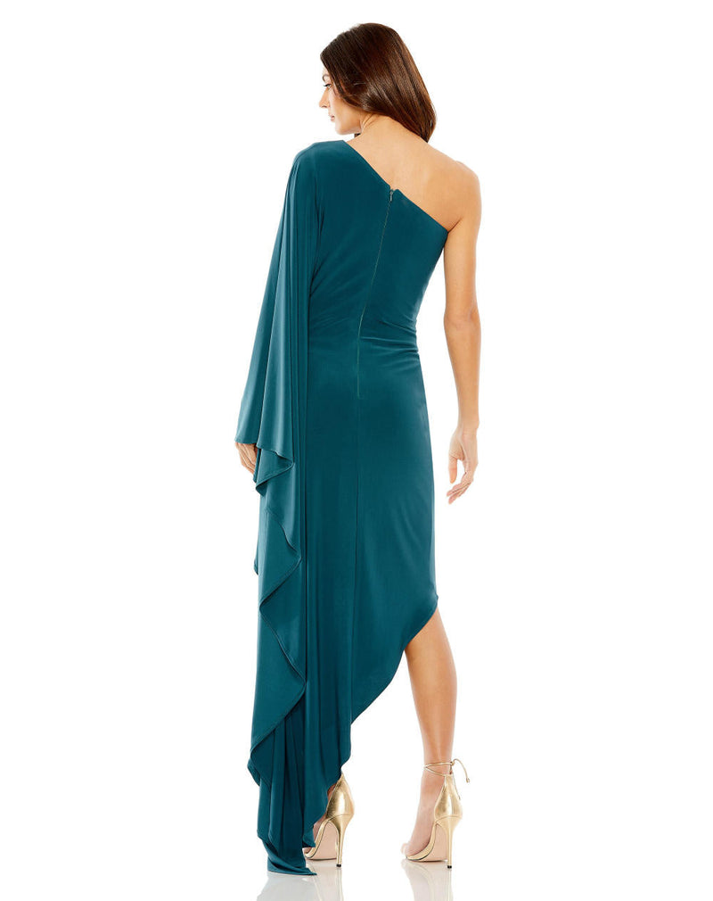 20673-One Shoulder Cape Sleeve Ruched Detail Jersey Gown by Mac Duggal for women Worldwide