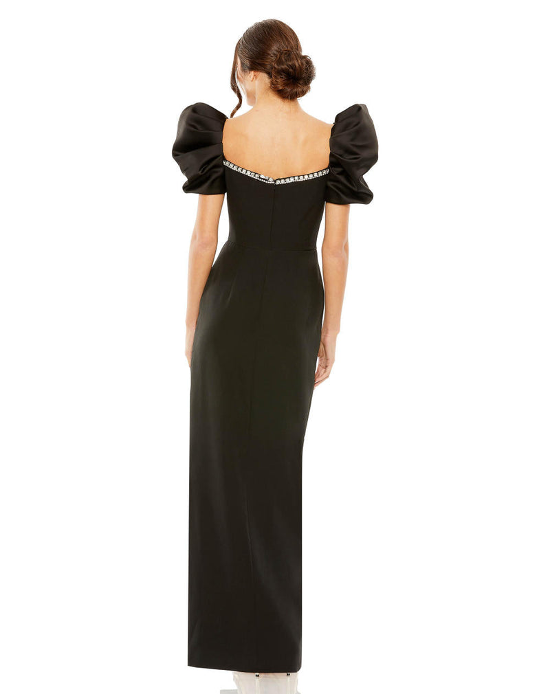 20687-Puff Sleeve Beaded Sweetheart Neck High Slit Gown satin by Mac Duggal in black color for women Worldwide