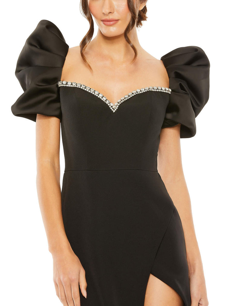 20687-Puff Sleeve Beaded Sweetheart Neck High Slit Gown satin by Mac Duggal in black color for women Worldwide
