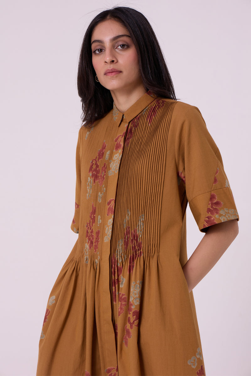 Minerva Floral Hand Printed Midi Dress hand block printed handwoven khadi x cotton dress by The Summer House in brown for women Worldwide