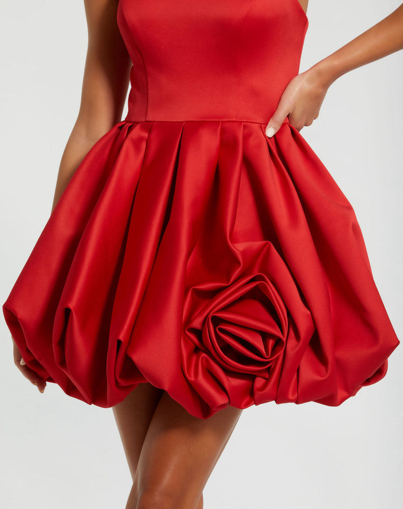 20705-Strapless Mini Dress With Rose Ruffle Detail by Mac Duggal in red color for women Worldwide
