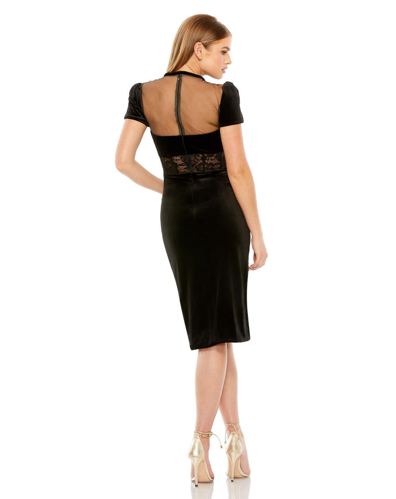20742-Short Sleeve Sheer Top Lace Bustier Dress by Mac Duggal in black color for women Worldwide