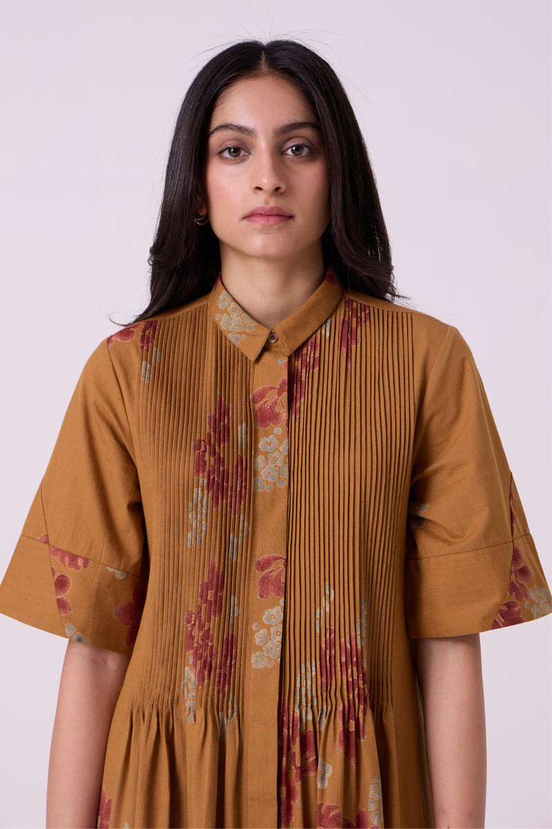 Minerva Floral Hand Printed Midi Dress hand block printed handwoven khadi x cotton dress by The Summer House in brown for women Worldwide