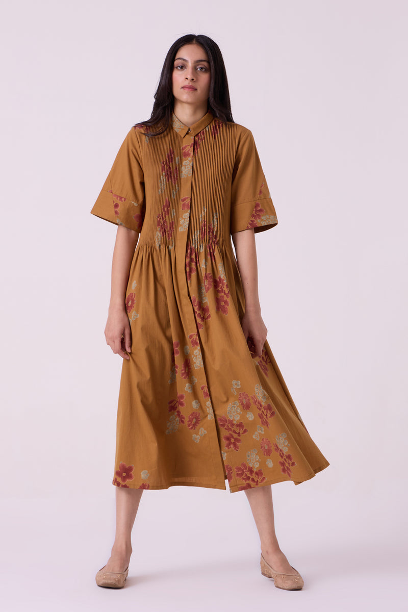 Minerva Floral Hand Printed Midi Dress hand block printed handwoven khadi x cotton dress by The Summer House in brown for women Worldwide