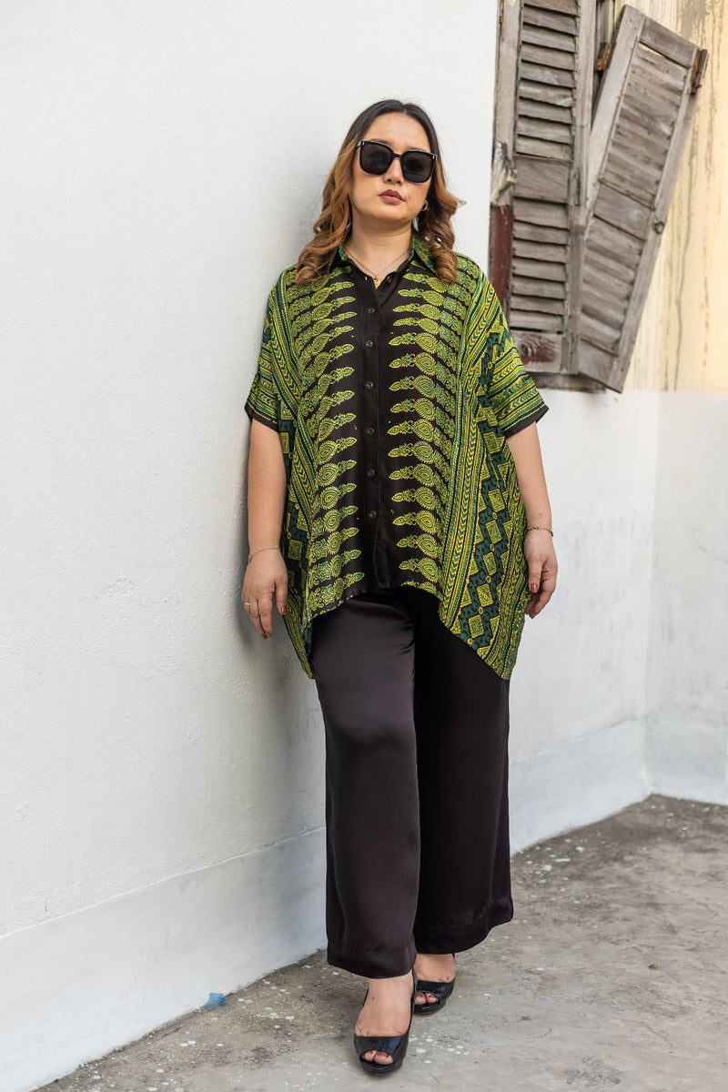 Hyde Green AntiFit Shirt and Pants Two-Piece Set (AJGSHST) satin by PRAHNAAYA in green color for women Worldwide