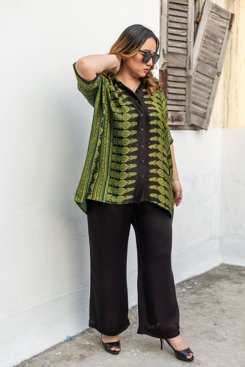 Hyde Green AntiFit Shirt and Pants Two-Piece Set (AJGSHST) satin by PRAHNAAYA in green color for women Worldwide