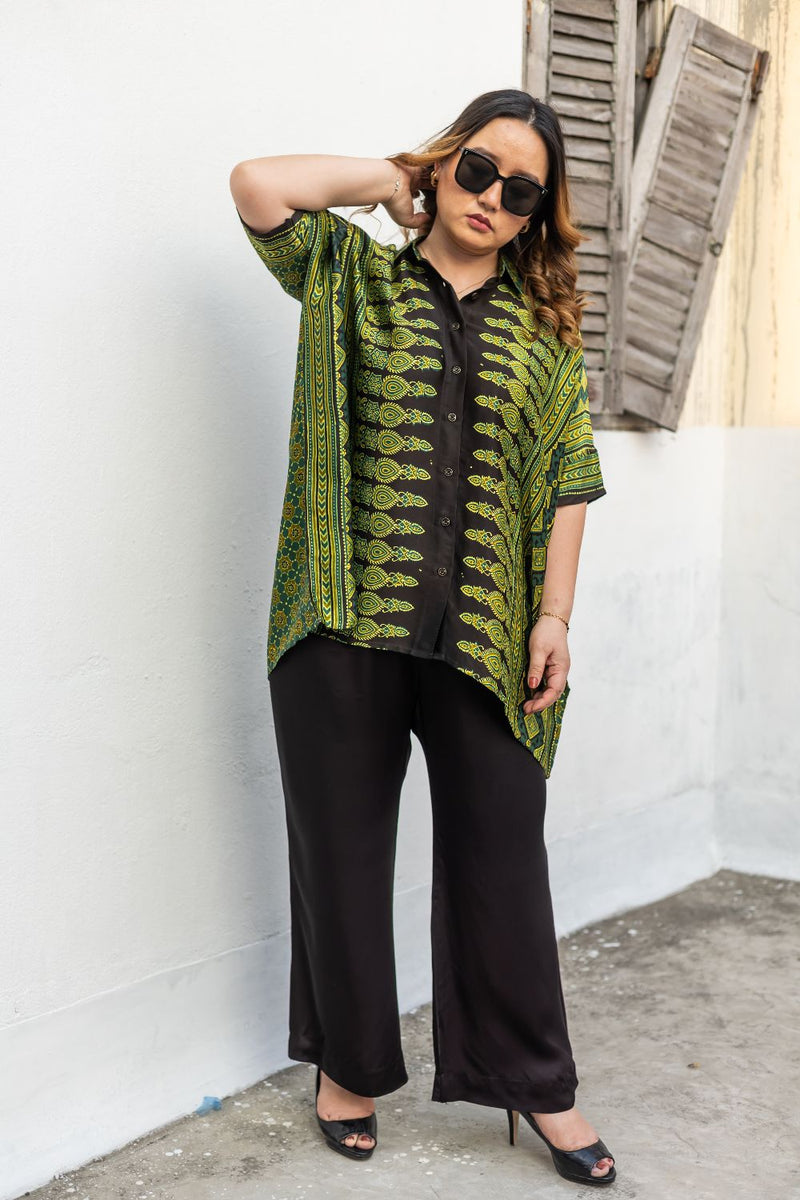 Hyde Green AntiFit Shirt and Pants Two-Piece Set (AJGSHST) satin by PRAHNAAYA in green color for women Worldwide