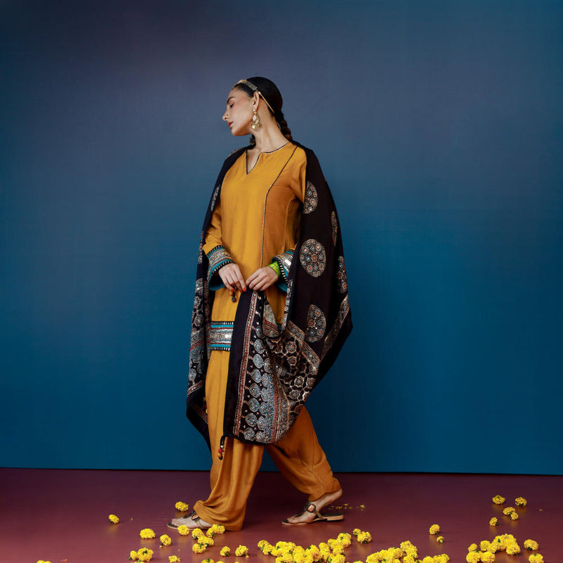 Pherie Mustard Salwaar Kameez and Dupatta Set silk by PRAHNAAYA in pink color for women Worldwide