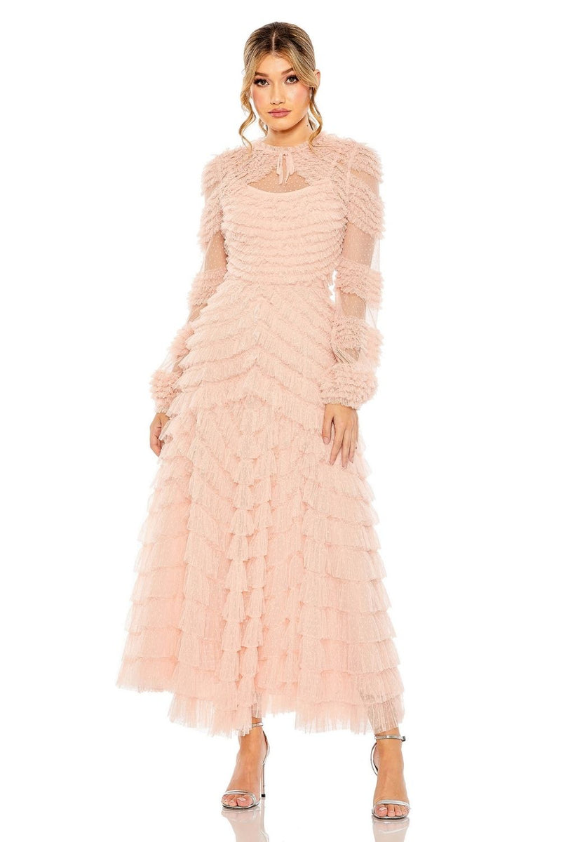 MD-8057 Overlay Frilled Dress-Peach by Mac Duggal in peach color for women Worldwide