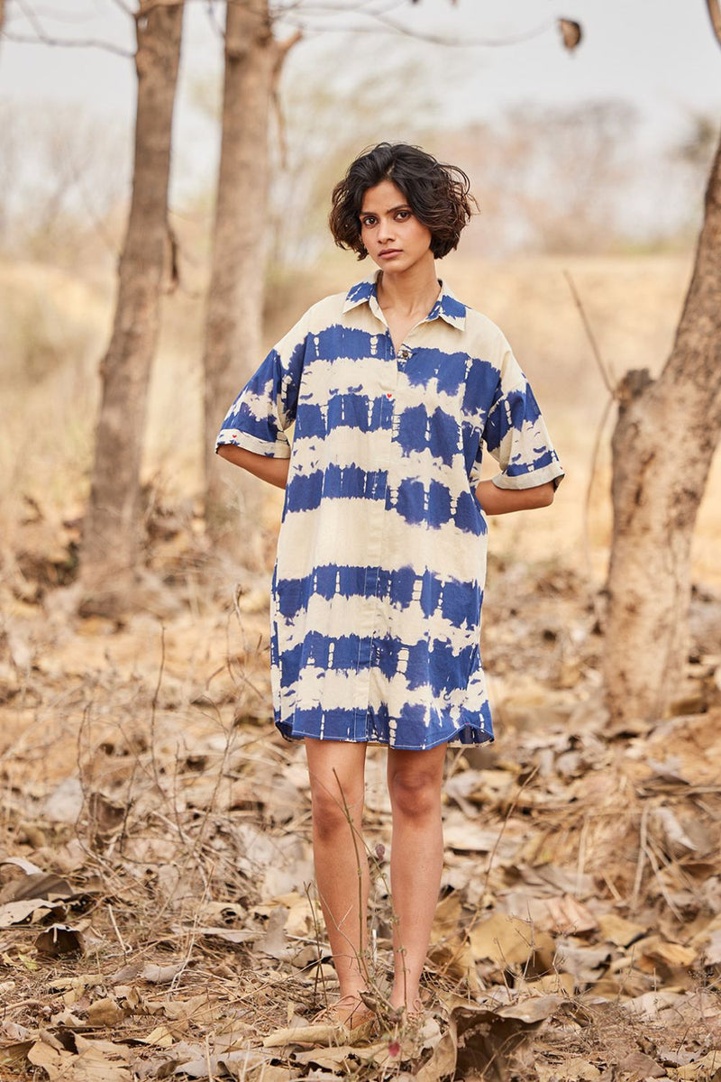 Barish shirt dress cotton by Khara Kapas in blue for women Worldwide