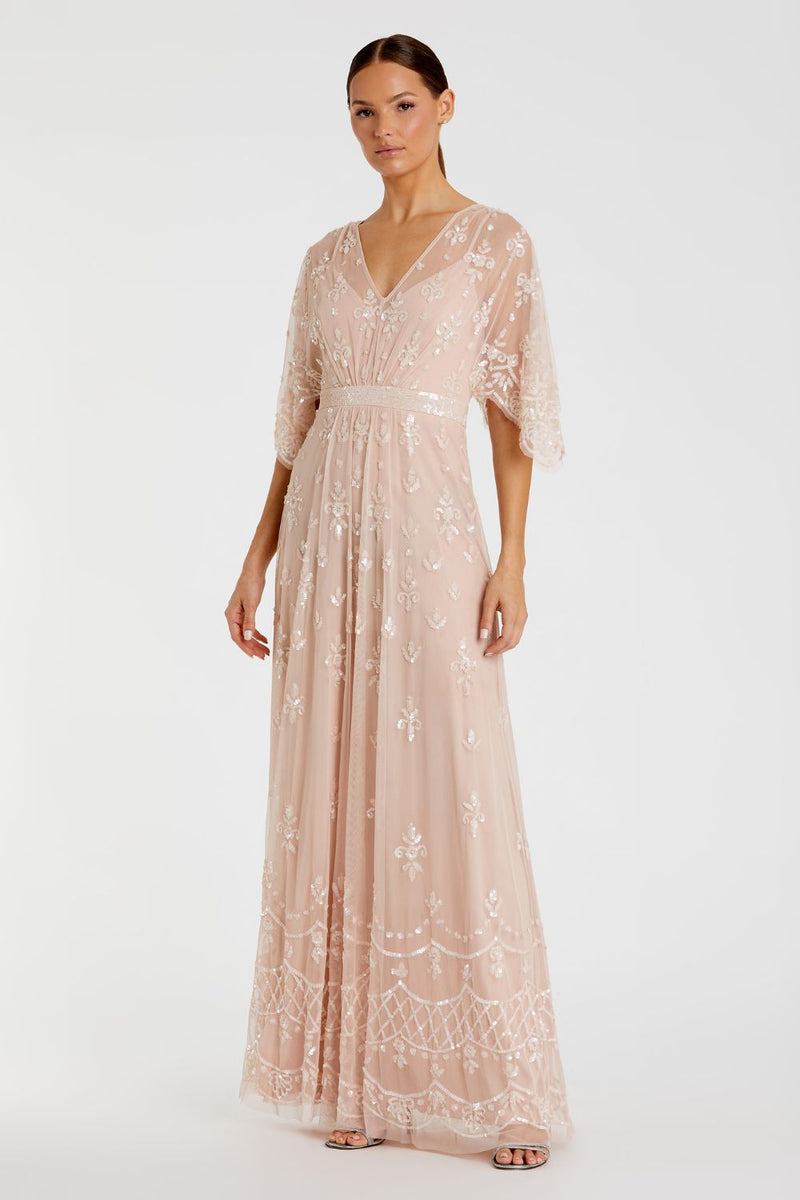 9144-Embelllished Bateau Cap Sleeve Column Gown by Mac Duggal in pink color for women Worldwide