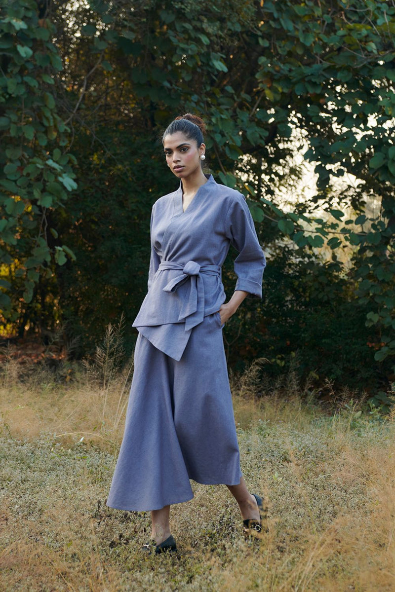 Dusk Co-Linen Asymmetrical Skirt Set linen by Saphed in grey color for women Worldwide