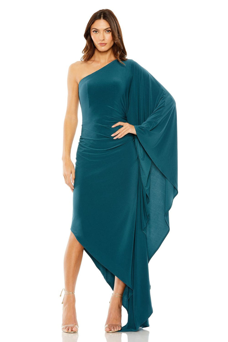 20673-One Shoulder Cape Sleeve Ruched Detail Jersey Gown by Mac Duggal for women Worldwide
