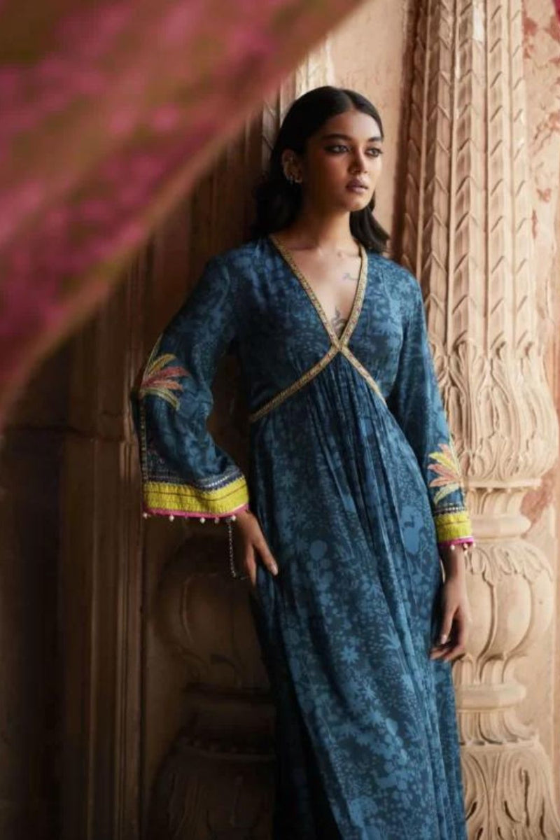 Nadira Teal Tree Bell Sleeve Kurta Set by Rajiramniq for women Worldwide