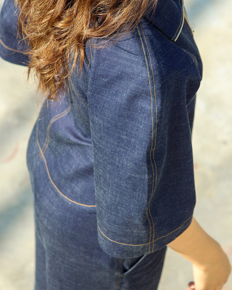 Denim Zip Top linen by Leh Studios in blue color for women Worldwide