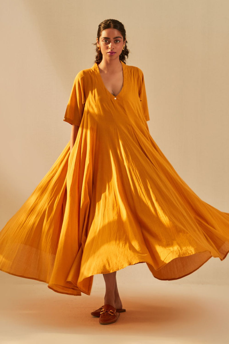 Gold Rush Dress cotton by Khara Kapas in mustard for women Worldwide
