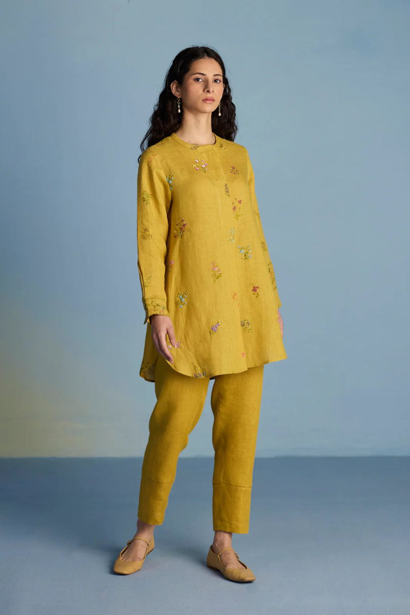 Anya Hand-Embroidered Floral Linen Co-ord Set - Ochre linen by Manan for women Worldwide