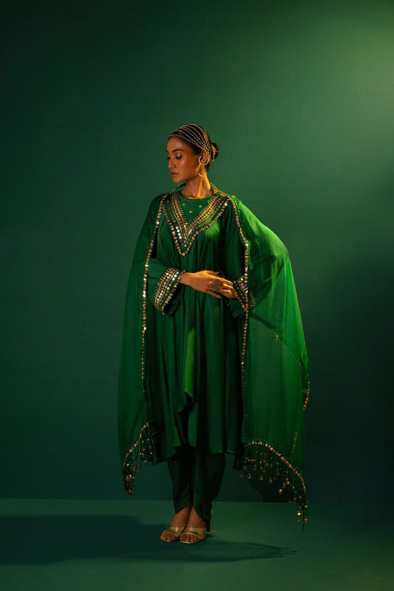 Chamakeen Mahi Green Asymmetrical Kurta Set with Dupatta satin by PRAHNAAYA in green color for women Worldwide