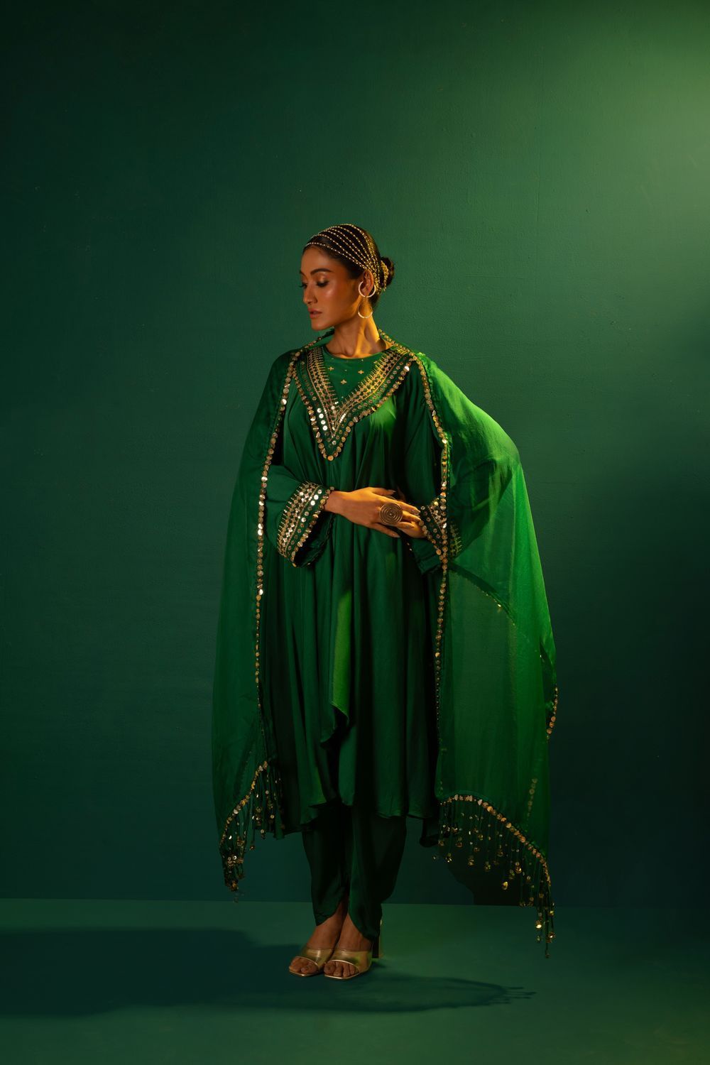 Chamakeen Mahi Green Asymmetrical Kurta Set with Dupatta